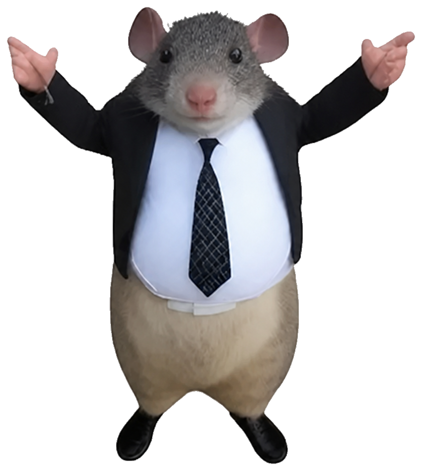 Mr. Chedda: a short, plump gray mouse with round pink ears and a pink nose, wearing a black business jacket, white shirt and patterned black tie, standing with both arms raised in his famous welcoming pose.